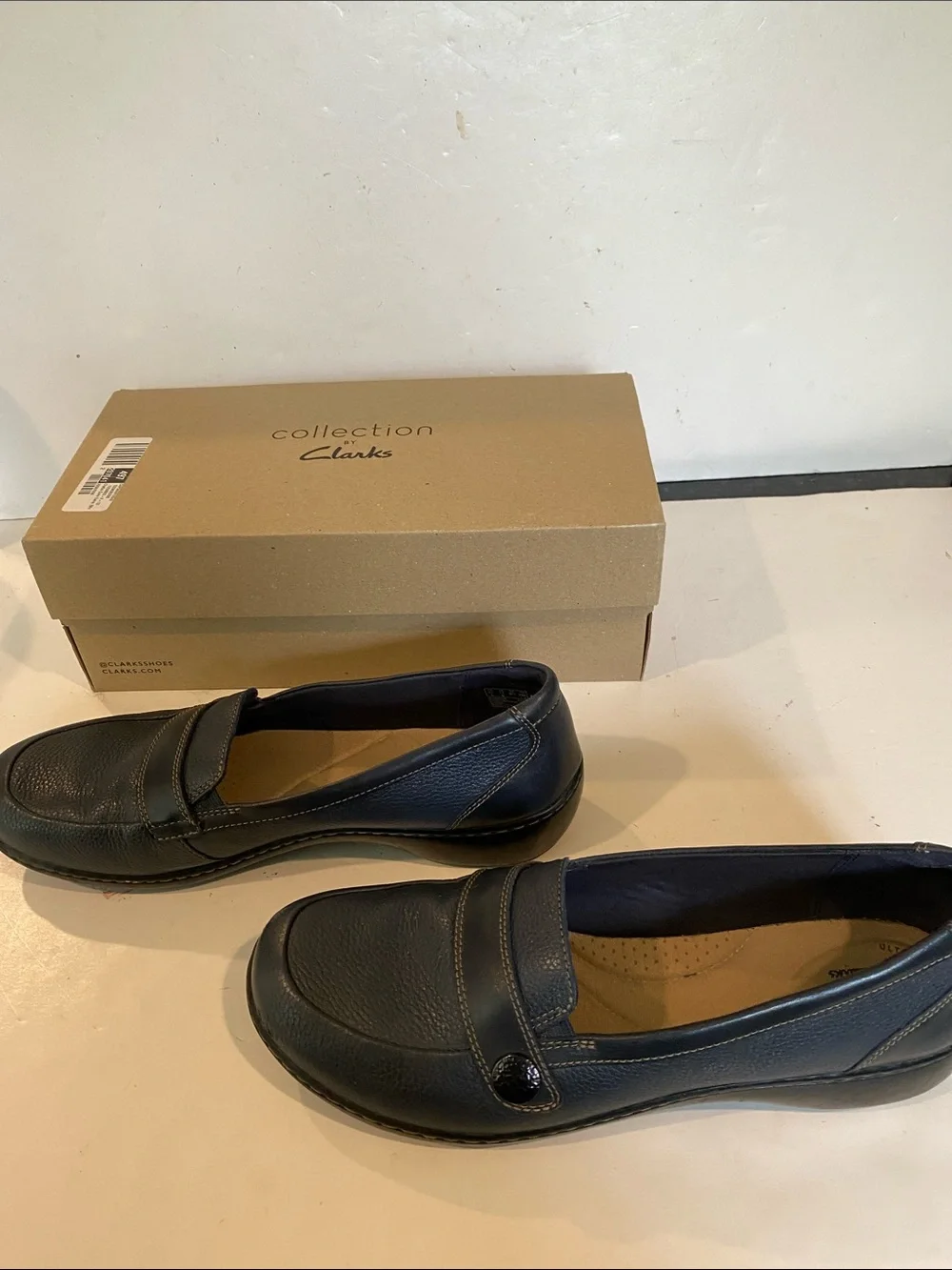 Clarks Cora Daisy Deep Navy Textured Slip-on Wedge Loafers
